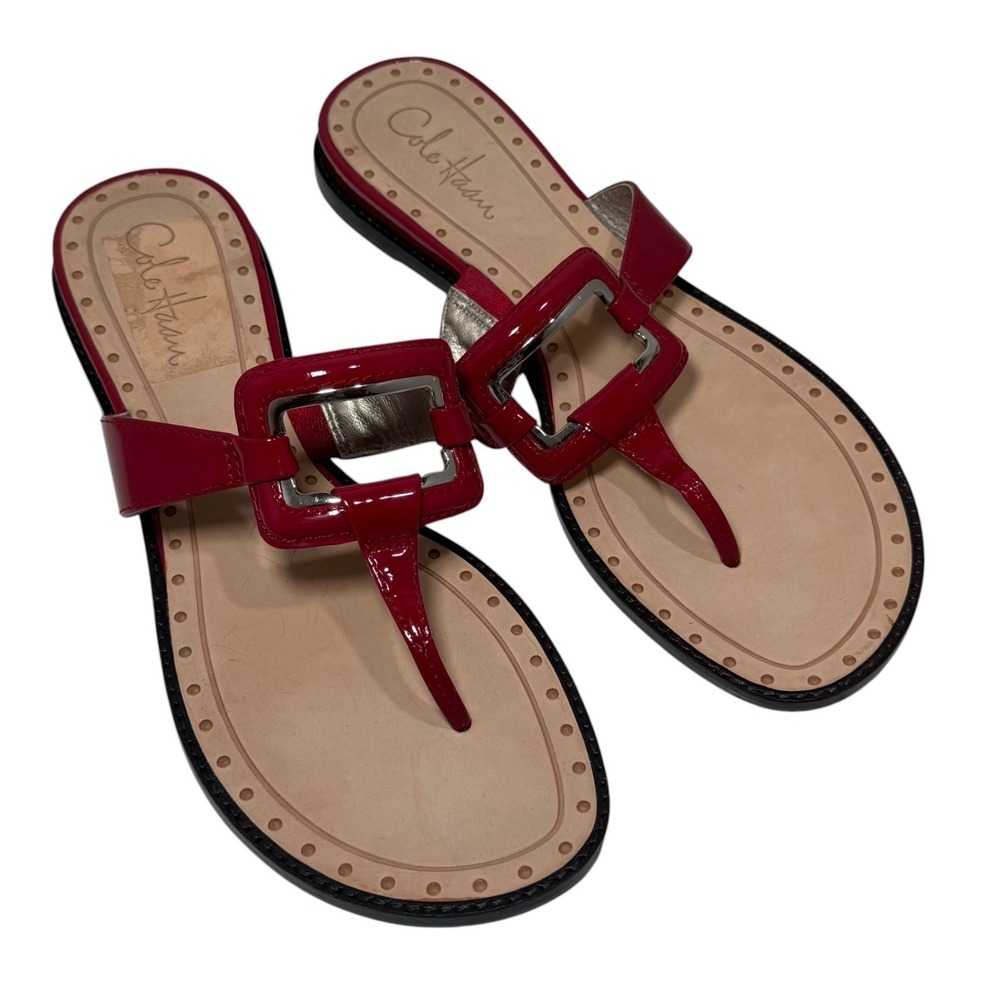 Cole Haan Red Patent Leather Thong Sandals Buckle Slide Womens 9.5 NEW